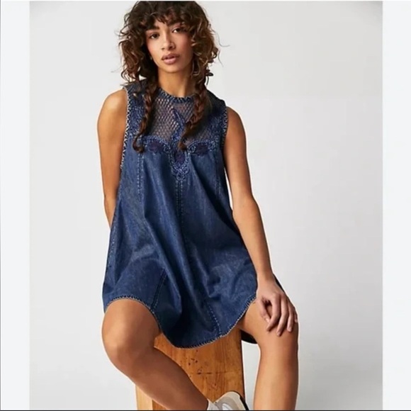 FREE PEOPLE l Denim Blue Lace Robe Court Love Story Netting Dress Pockets Small - Picture 1 of 13